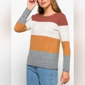 NWT Pinque Women’s Color Block Long Sleeve Crew Neck Sweater Brown/Cream - XL